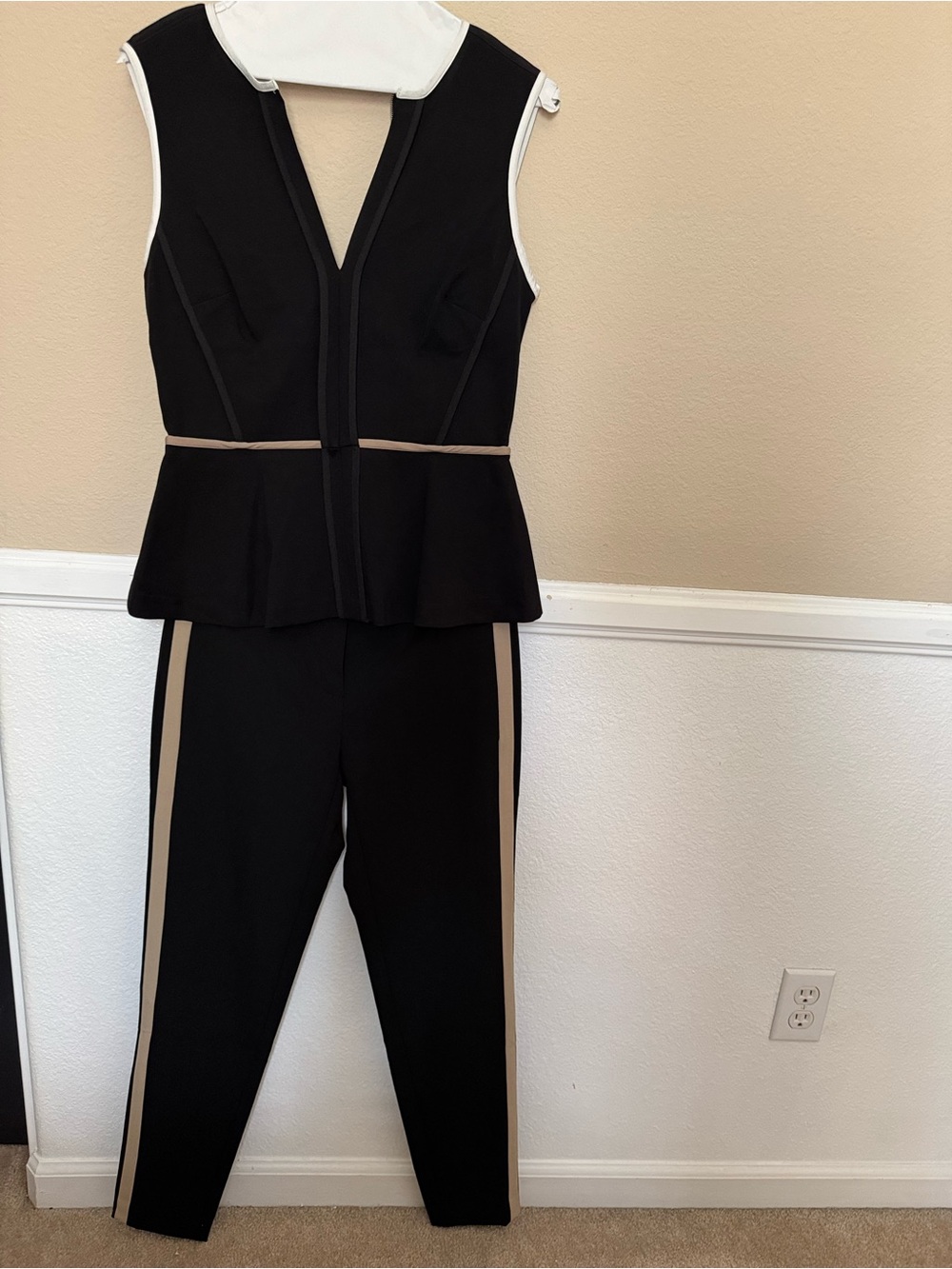 DKNY Black Peplum Pantsuit with Tan Piped Accents